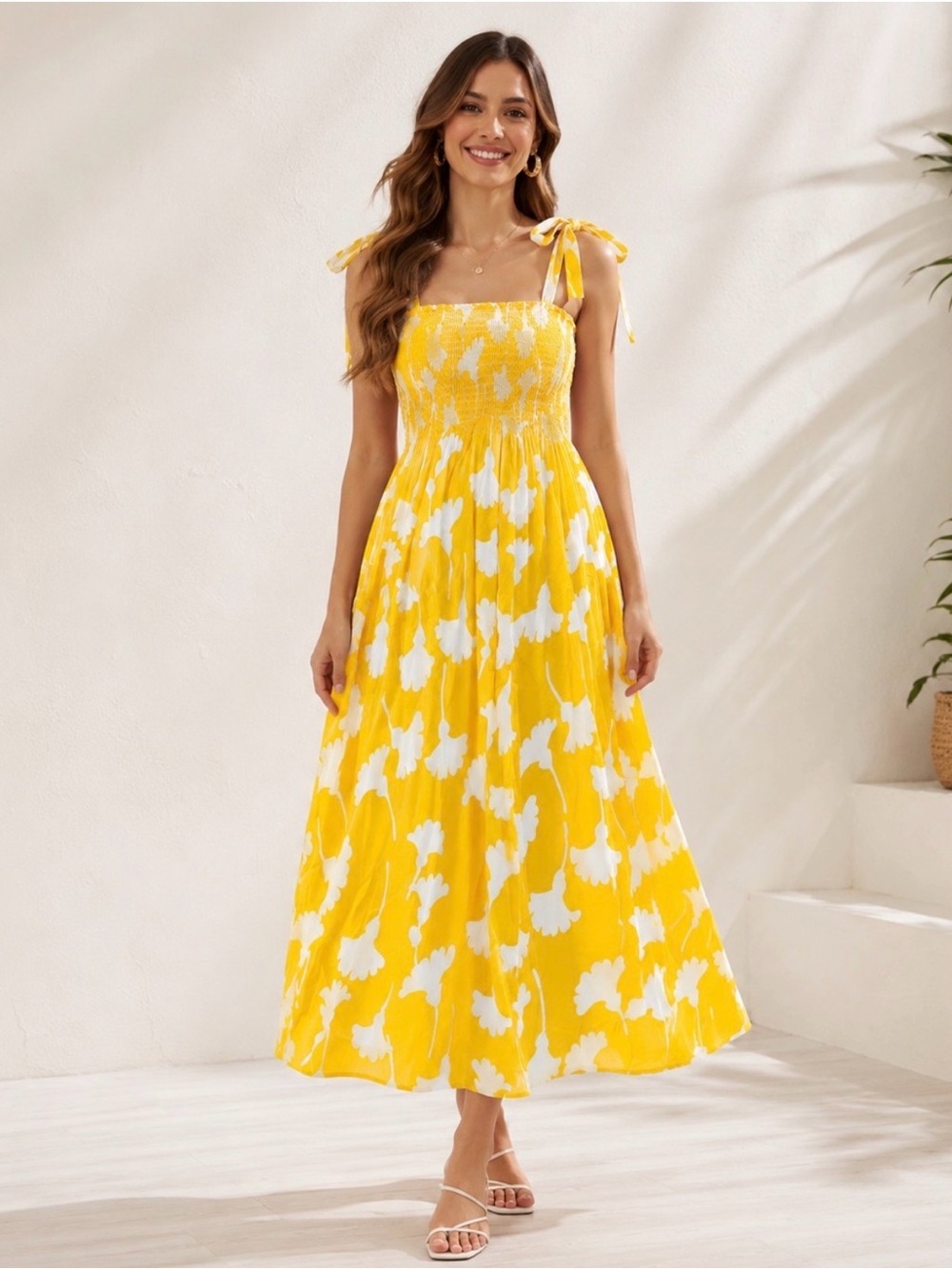 Diane Von Furstenberg for Target Yellow & White Tie-Shoulder Smocked Midi Dress